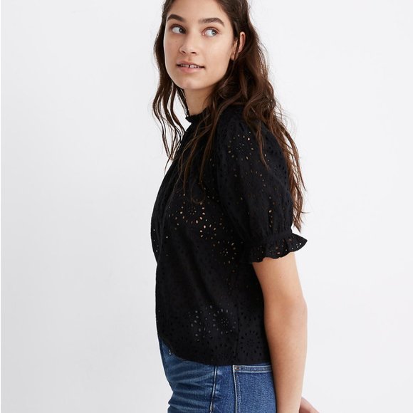 NWT Madewell Embroidered Eyelet Ruffle-Neck Keyhole Top - XL - Black - Back Tie - Picture 10 of 10